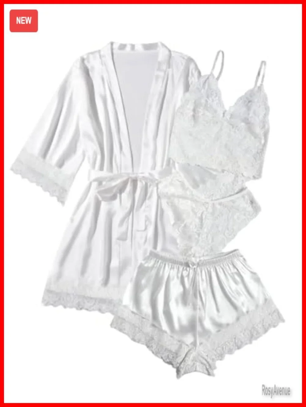 4-Piece Silk Satin Pajama Set with Robe Lace Cami